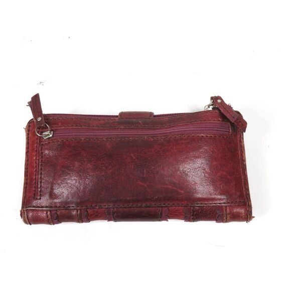 Vintage Fossil Key Scalloped Striped Leather Bifold Long Wallet Burgundy Rare - Picture 2 of 6